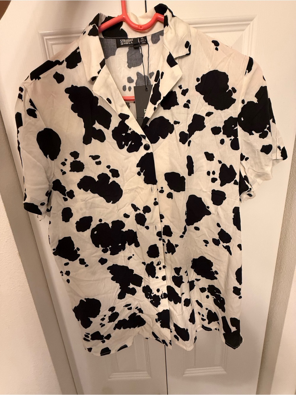 Straight to Hell Short Sleeve Black & White Print Button-Down Shirt women’s XL